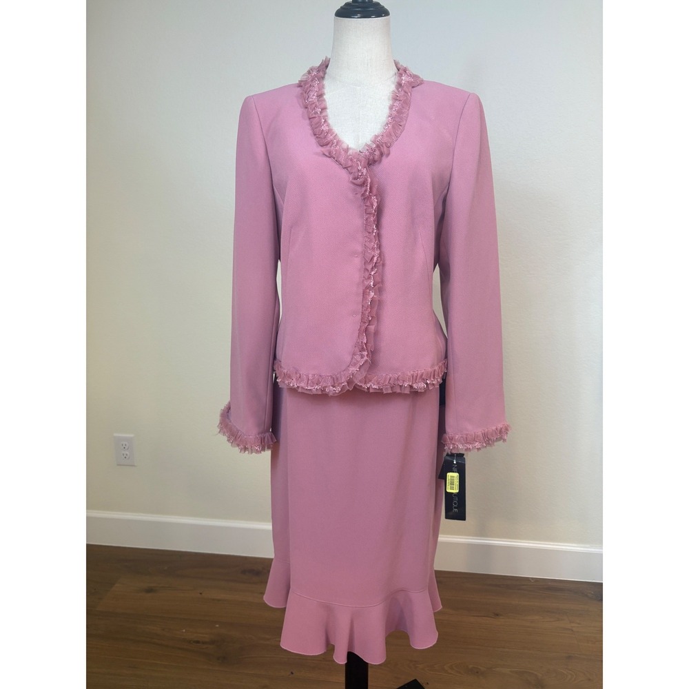 NWT Vtg Y2K Nipon Boutique Skirt Suit 10 Pink  Ruffle Trim Crepe Elle Woods Chic